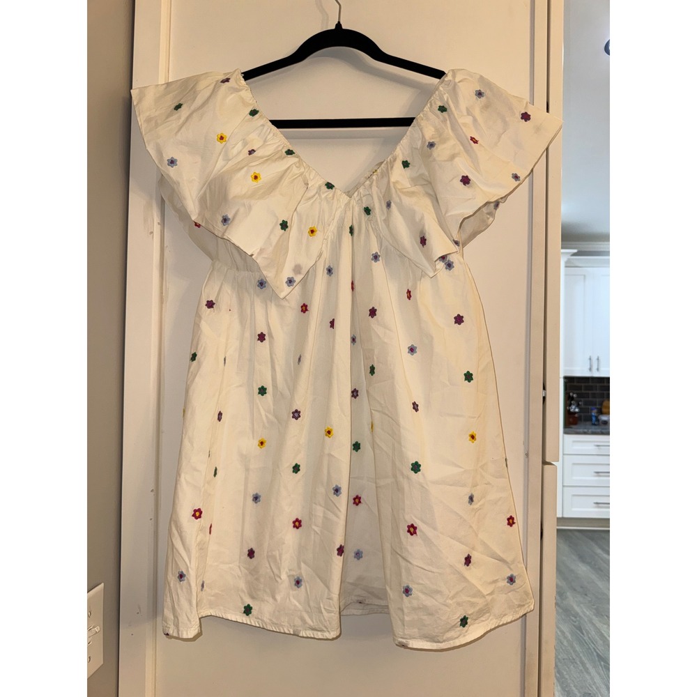 Pants Store White Floral Embroidered Ruffle Mini Dress AZ263 Small